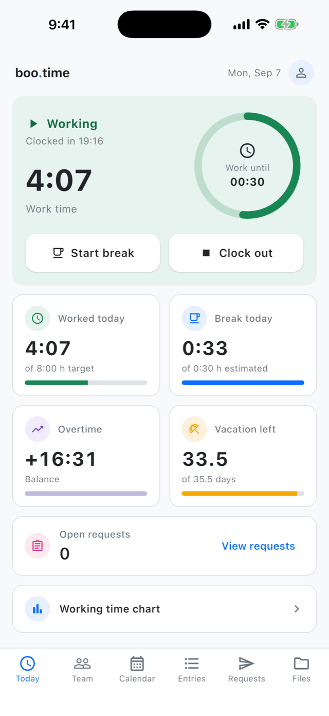 The boo.time app: the Today screen with the green clock ring while working, overtime and vacation tiles